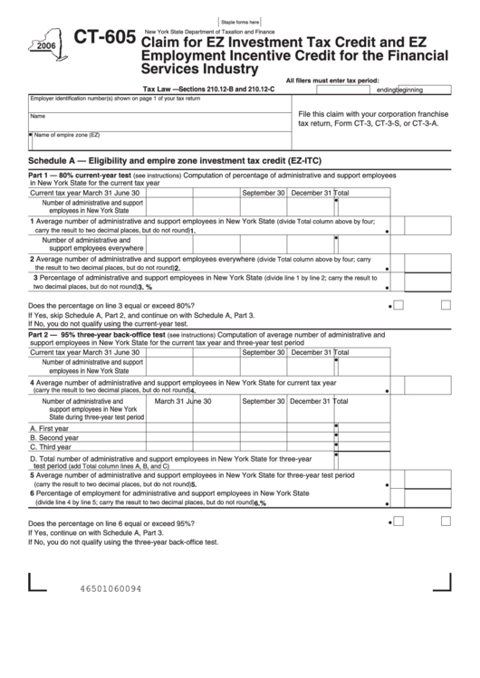 Form Ct-605 - Claim For Ez Investment Tax Credit And Ez Employment Incentive Credit For The Financial Services Industry Printable pdf