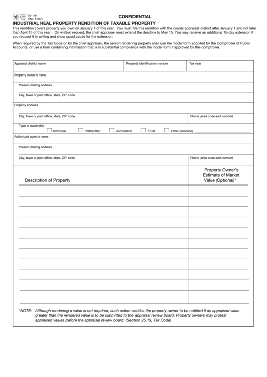 Form 50-149 - Confidential Industrial Real Property Rendition Of Taxable Property - Fixed Machinery And Equipment Printable pdf