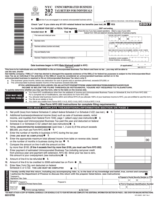 Fillable Form Nyc 202 Ez - Unincorporated Business Tax Return For Individuals - 2007 Printable pdf