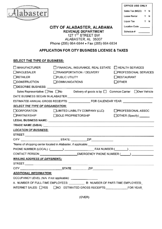 Application For City Business License & Taxes Form Printable pdf