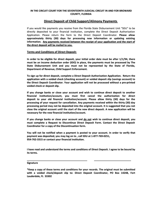 Fillable Direct Deposit Of Child Support Alimony Payments printable pdf