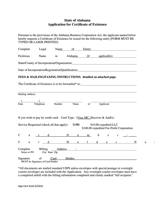 Fillable Application For Certificate Of Existence Form printable pdf
