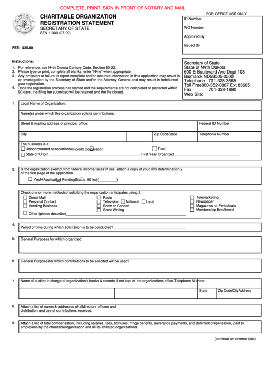 Fillable Form Sfn 11300 - Charitable Organization Registration Statement - State Of North Dakota (2009) Printable pdf