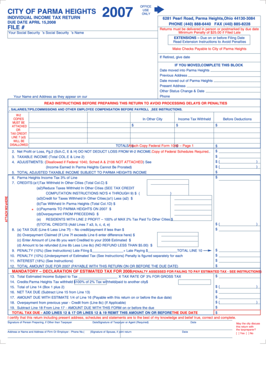 Individual Income Tax Return Form - City Of Parma Heights - 2007 Printable pdf