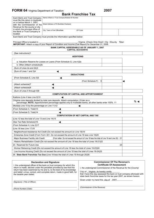 Form 64 - Bank Franchise Tax - 2007 Printable pdf