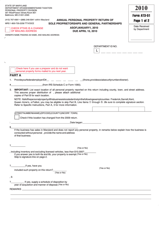 Fillable Form At3-51 - Annual Personal Property Return Of Sole Proprietorships And General Partnerships - 2010 Printable pdf