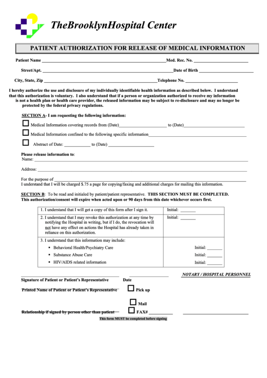 Patient Authorization For The Release Of Medical Information Form Printable pdf