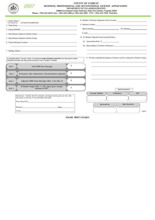 Business, Professional And Occupational License Application - Department Of Tax Administration - 2007 Printable pdf