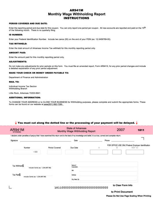 Fillable Form Ar941m - State Of Arkansas Monthly Wage Withholding Report - 2007 Printable pdf