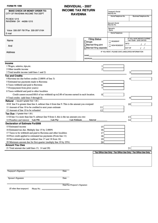 Form Fr 1098 - Income Tax Return - Ravenna - 2007 Printable pdf