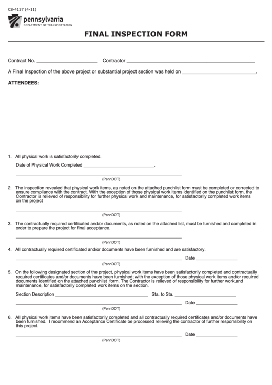 Fillable Form Cs-4137 - Final Inspection Printable pdf