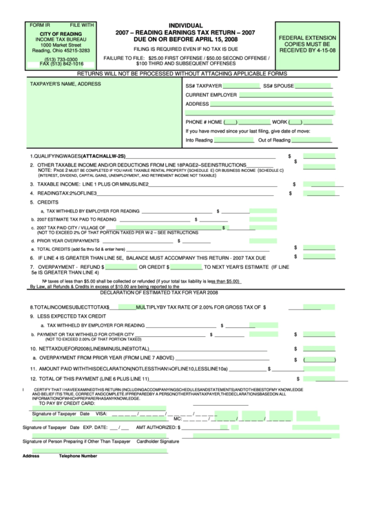 Form Ir - Reading Earnings Tax Return - 2007 Printable pdf