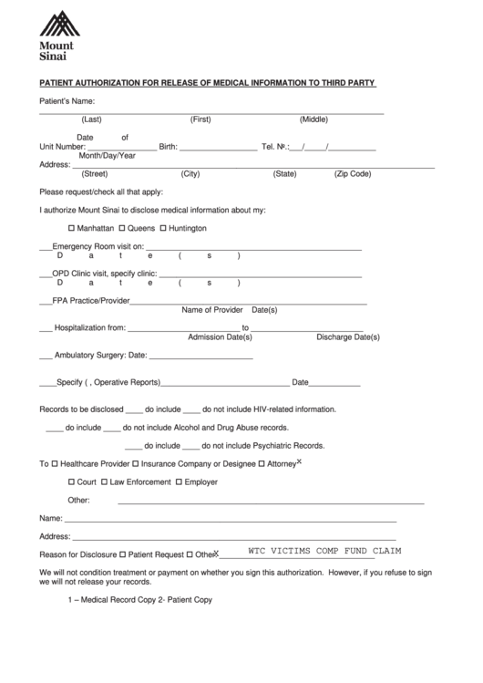 Patient Authorization For Release Of Medical Information To Third Party Form Printable pdf