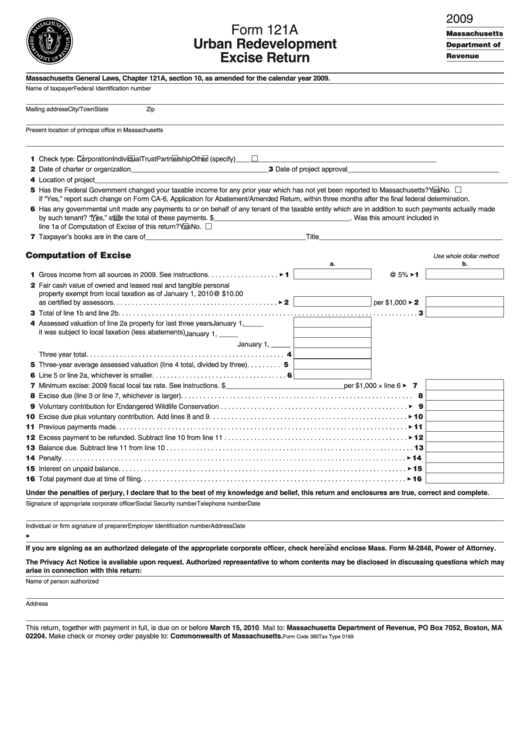 Form 121a - Urban Redevelopment Excise Return - 2009 Printable pdf