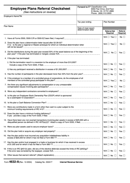 Fillable Form 4632-A - Employee Plans Referral Checksheet Printable pdf
