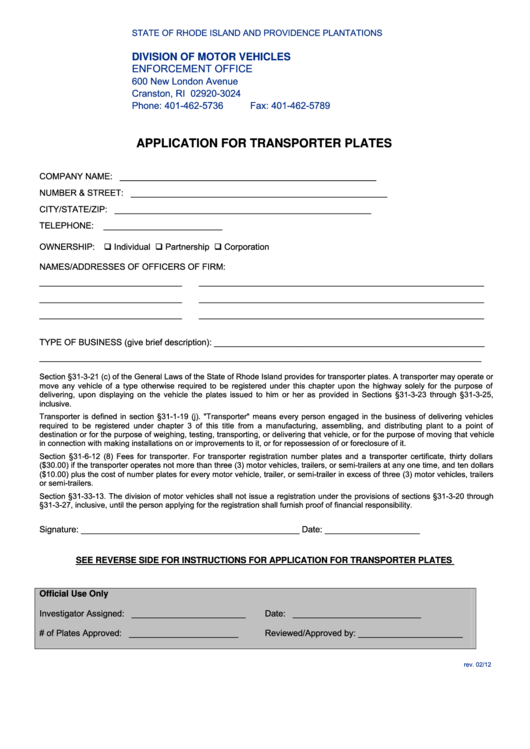 Fillable Application For Transporter Plates Printable pdf