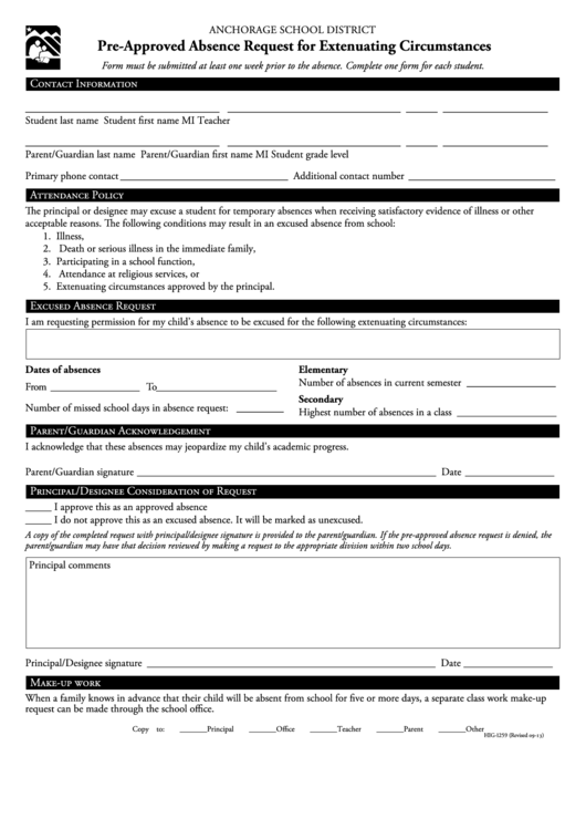 Fillable Pre-Approved Absence Request For Extenuating Circumstances Form Printable pdf