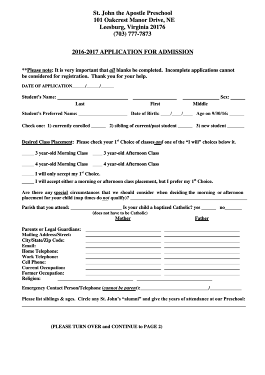 Application Form For Admission