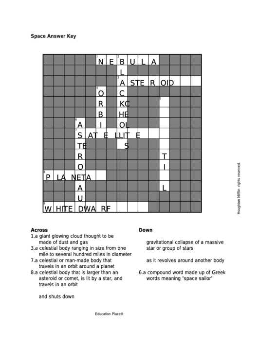 Space Crossword Worksheet With Answer Key Printable pdf