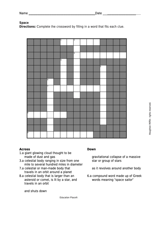 Space Crossword Worksheet Printable pdf
