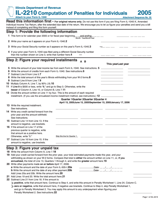 Form Il-2210 - Computation Of Penalties For Individuals - 2005 Printable pdf