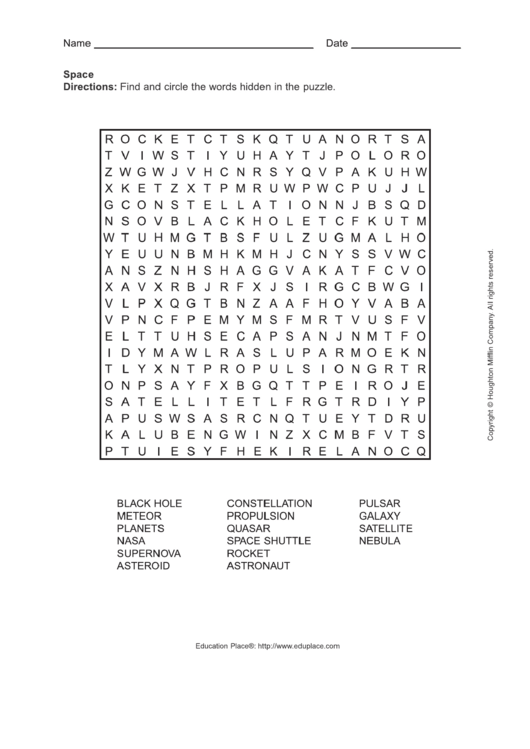 Word Search Worksheet - Space Printable pdf