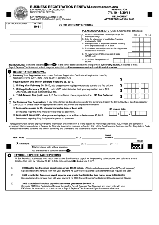 Fillable Business Registration Renewal Form - San Francisco Printable pdf