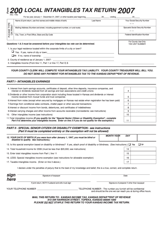Form 200 - Local Intangibles Tax Return - 2007 Printable pdf
