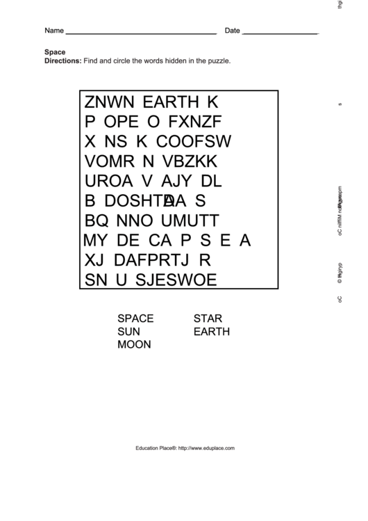 Space Word Search Worksheet Printable pdf