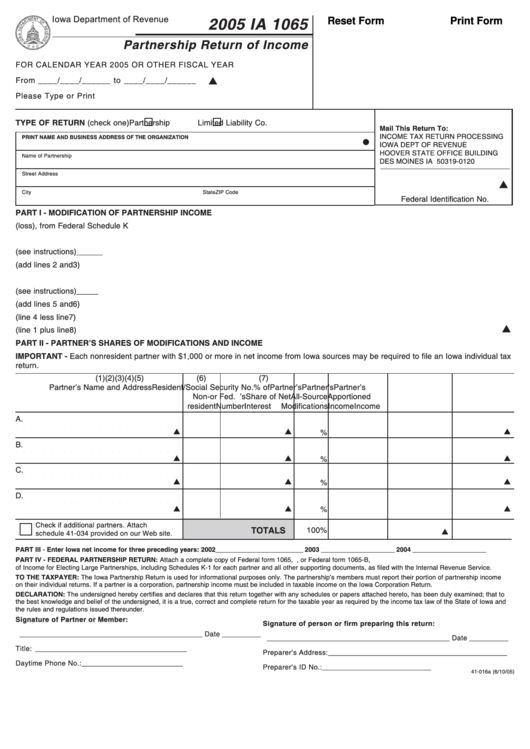 Fillable Form Ia 1065 - Partnership Return Of Income - 2005 Printable pdf