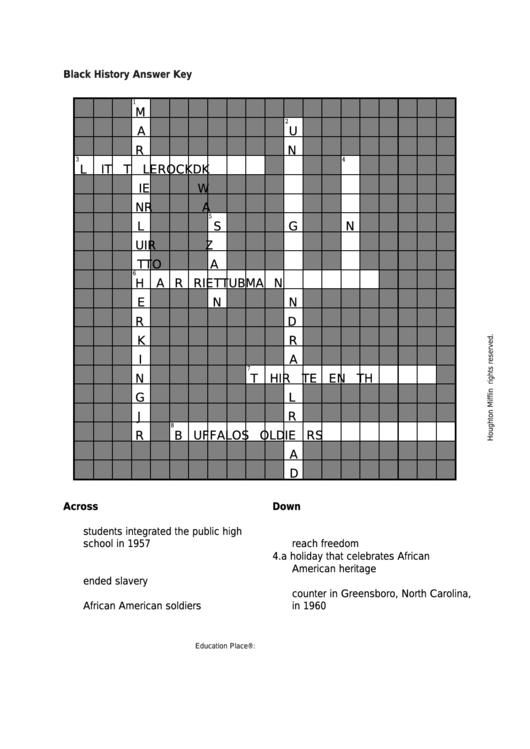 Black History Crossword Worksheet With Answer Key Printable pdf