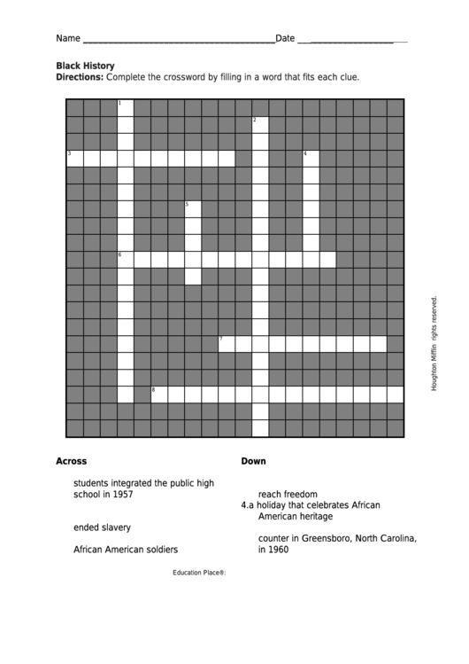 Black History Crossword Worksheet Printable pdf