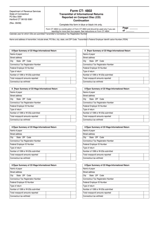 Form Ct- 4802 - Transmittal Of Informational Returns Reported On Compact Disc Printable pdf