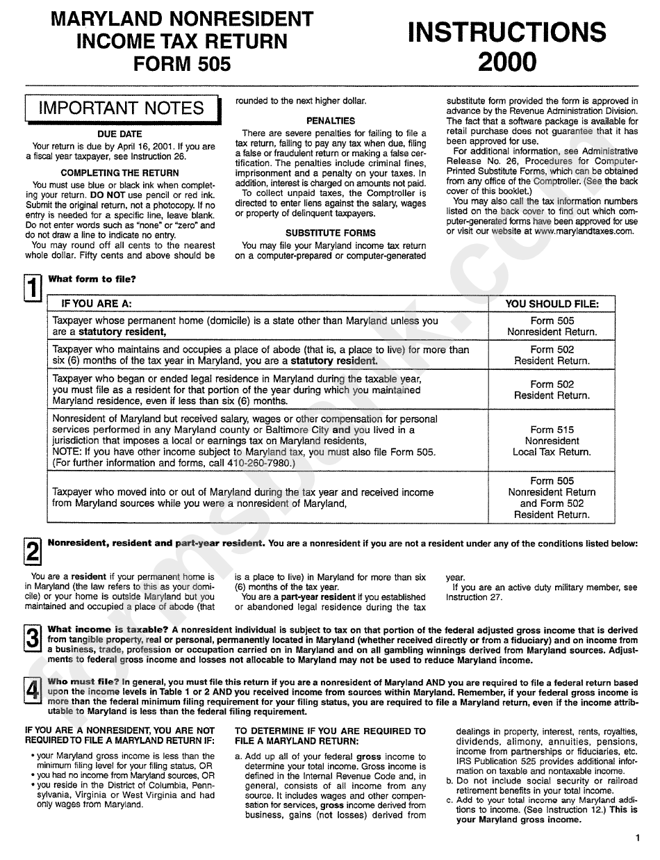 Form 505 - Maryland Nonresident Income Tax Return - 2000
