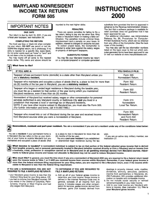 Form 505 - Maryland Nonresident Income Tax Return - 2000 Printable pdf