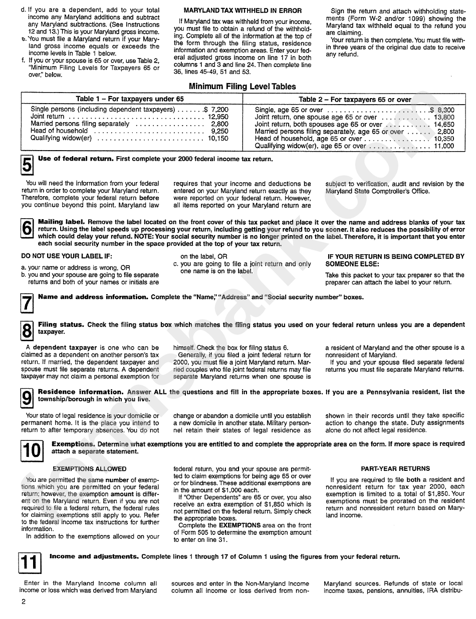 Form 505 - Maryland Nonresident Income Tax Return - 2000