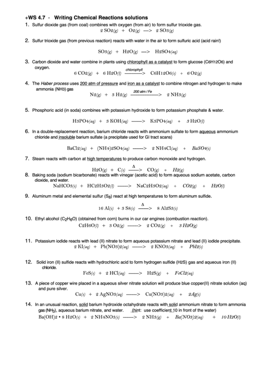 Chemical Reactions - Solutions Sheet Printable pdf