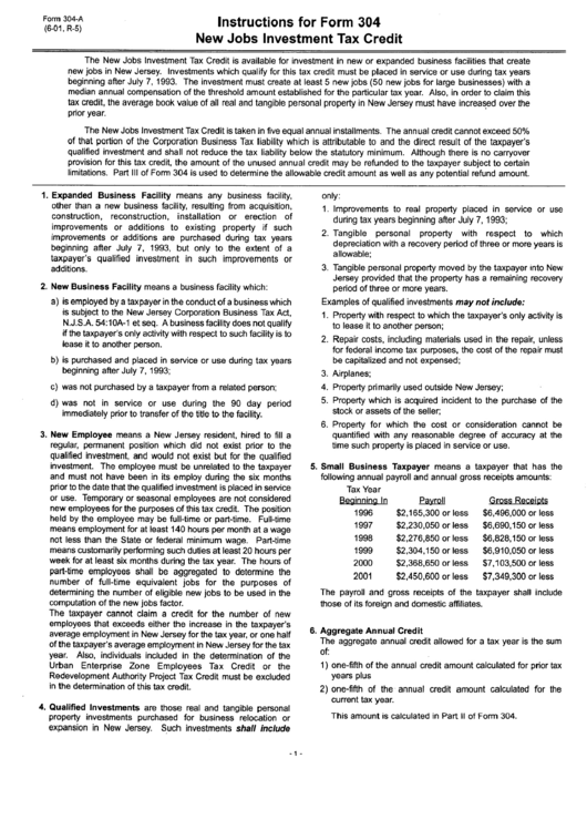 Form 304-A - New Jobs Investment Tax Credit Printable pdf