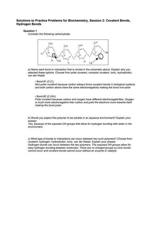 Solutions Sheete To Practice Problems For Biochemistry, Session 2: Covalent Bonds, Hydrogen Bonds Printable pdf