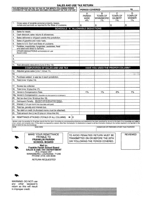 Sales And Use Tax Return Form - Franklin Parish School Board Printable pdf