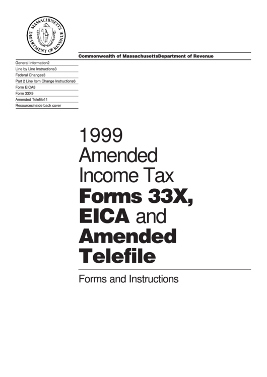 Amended Income Tax Forms 33x, Eica And Amended Telefile -1999 Printable pdf
