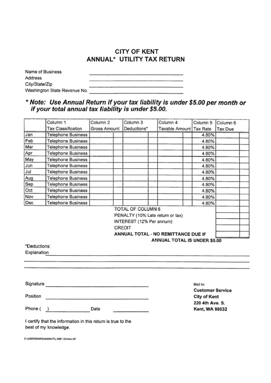 Annual Utility Tax Return - City Of Kent Printable pdf