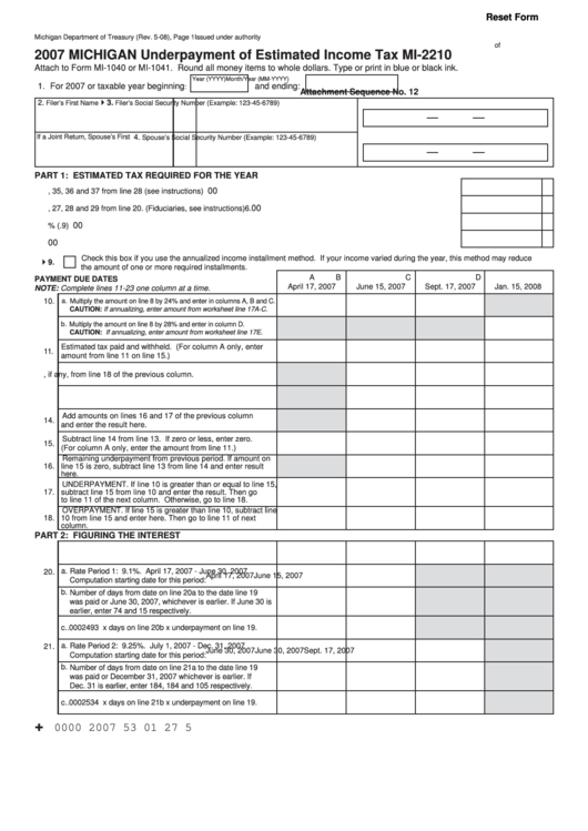 Fillable Form Mi-2210 - Underpayment Of Estimated Income Tax Printable pdf