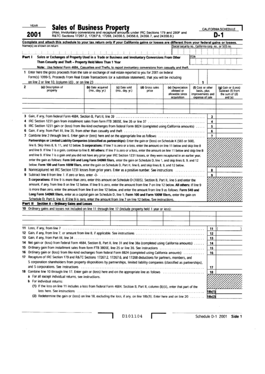 Schedule D-1 - Sales Of Business Property Form - 2001 Printable pdf