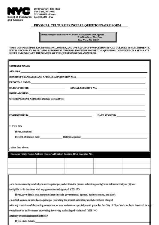 Fillable Physical Culture Principal Questionnaire Form Printable pdf