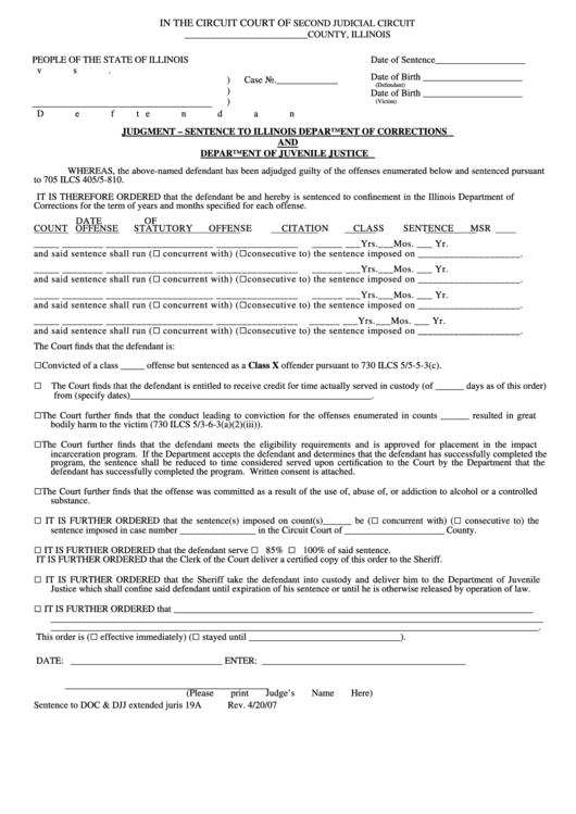 Fillable Judgment - Sentence To Illinois Department Of Corrections And Department Of Juvenile Justice Form Printable pdf