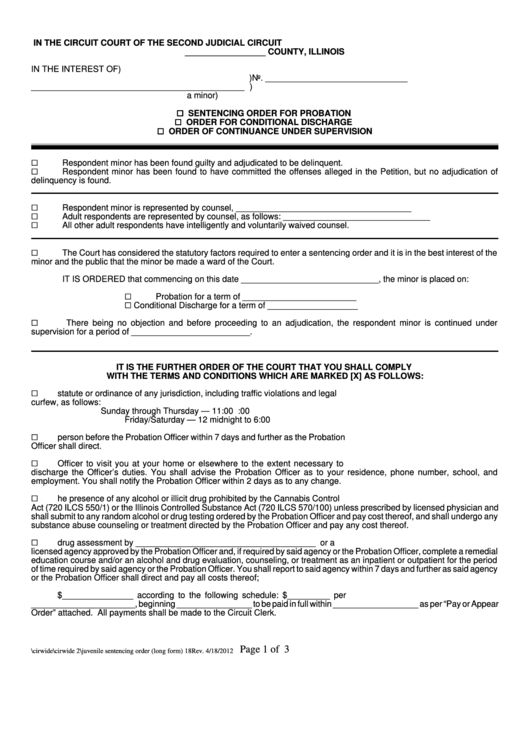 Fillable Sentencing Order For Probation / Order For Conditional Discharge / Order Of Continuance Under Supervision - Illinois Circuit Court Form Printable pdf