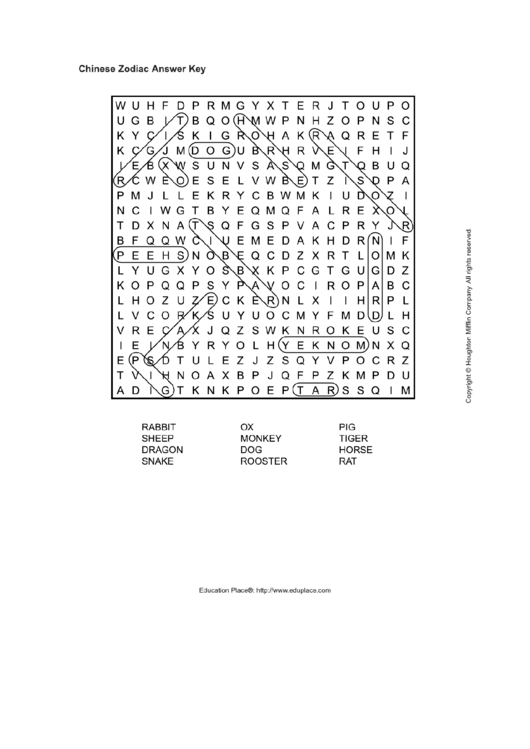 Fillable Word Search Worksheet - Chinese Zodiac Answer Key Printable pdf