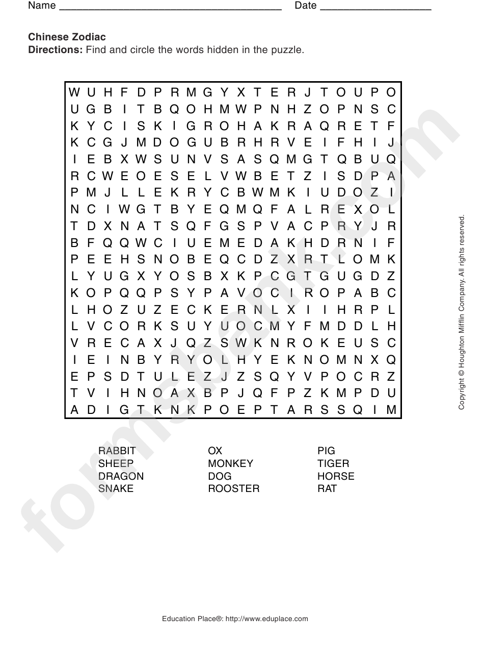 Word Search Worksheet - Chinese Zodiac