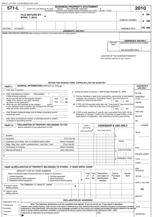 Form Boe-571-L - Business Property Statement - 2010 Printable pdf